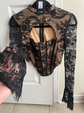 Black Lace Long Sleeve Corset Top with Nude Lining